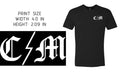 A black short-sleeve t-shirt with a white gothic-style 'C&M' logo on the left chest, shown next to a print size graphic detailing 4.0 inches in width and 2.