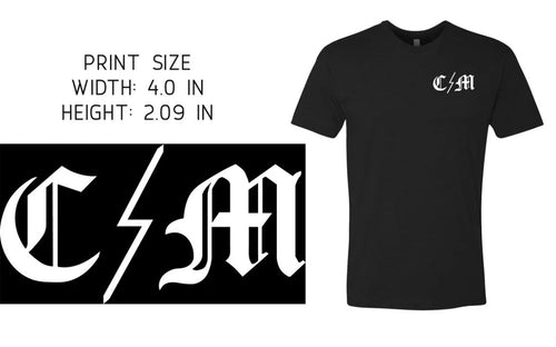 A black short-sleeve t-shirt with a white gothic-style 'C&M' logo on the left chest, shown next to a print size graphic detailing 4.0 inches in width and 2.